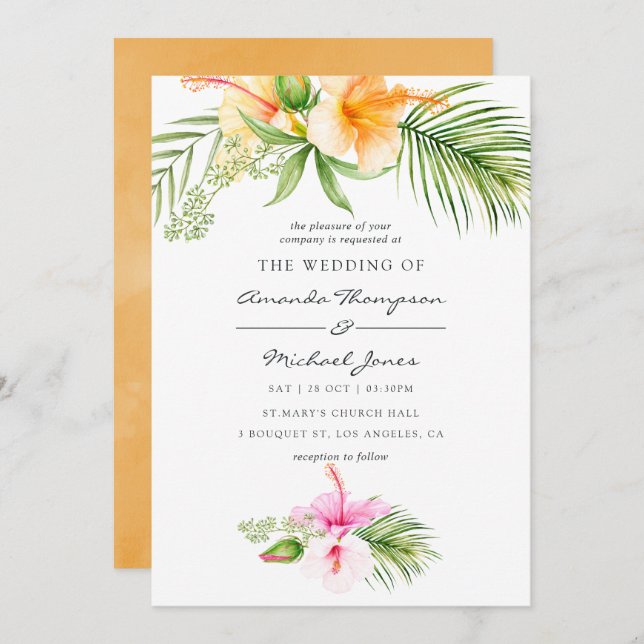 Convite Casamento de Praia Floral Tropical de Watercolor (Frente/Verso)