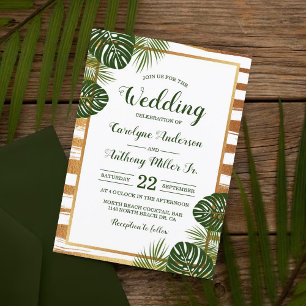 Convite Casamento de Praia Gold Foil & Green Palm Leaf Bea
