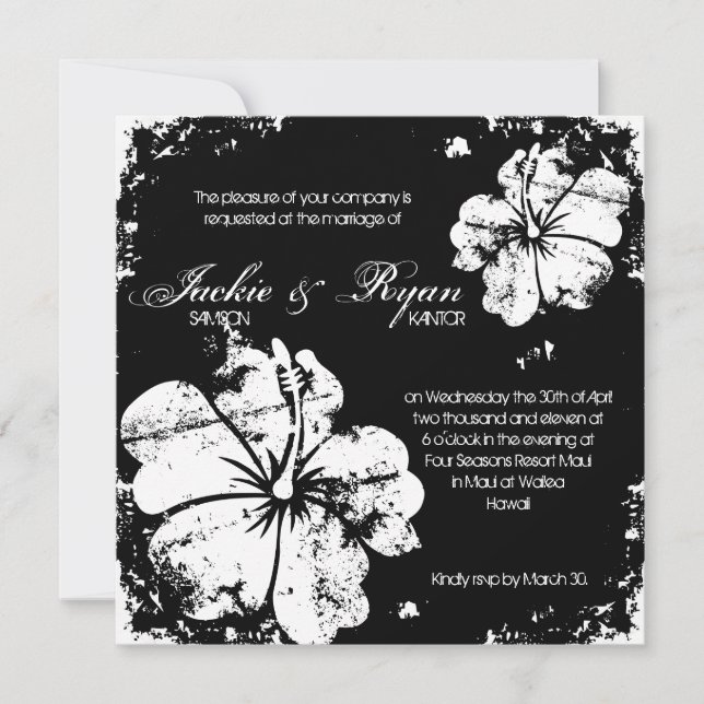 Convite Casamento de Praia Grunge Hibiscus Black & White (Frente)