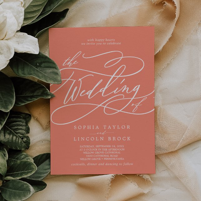 Convite Casamento de Praia Laranja SoPHIA Bright Coral Ros (SOPHIA Bright Coral Pink Orange Beach Wedding Invitation)