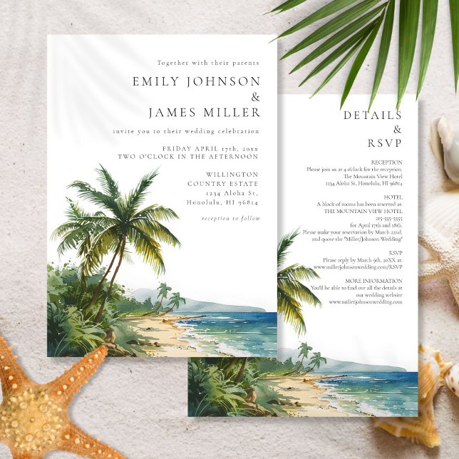 Convite Casamento De Praia Moderno Tudo Em Uma Watercolor (Modern All In One Watercolor Beach Wedding Invitation)