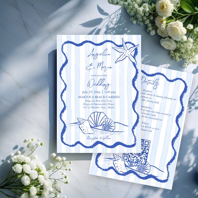 Convite Casamento de praia na orla azul com rsvp (Handrawn Seashells blue wavy border beach wedding invitation cards with rsvp template download)