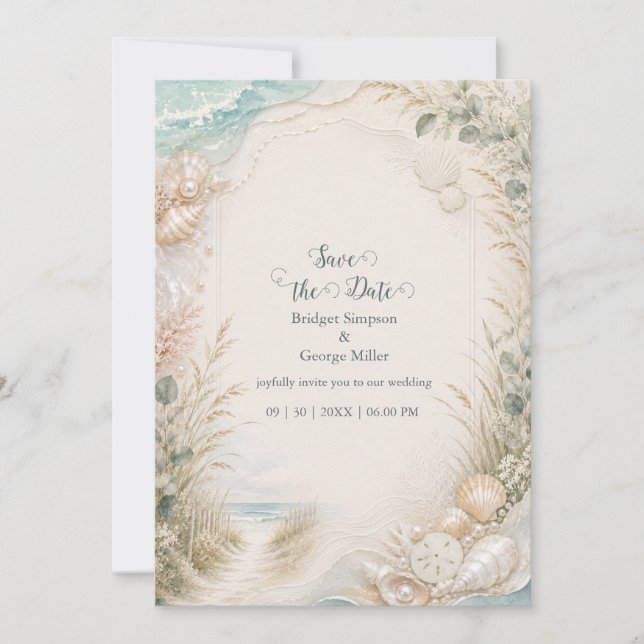 Convite Casamento de Praia Romântico à Beira-Mar com Aquar (Frente)