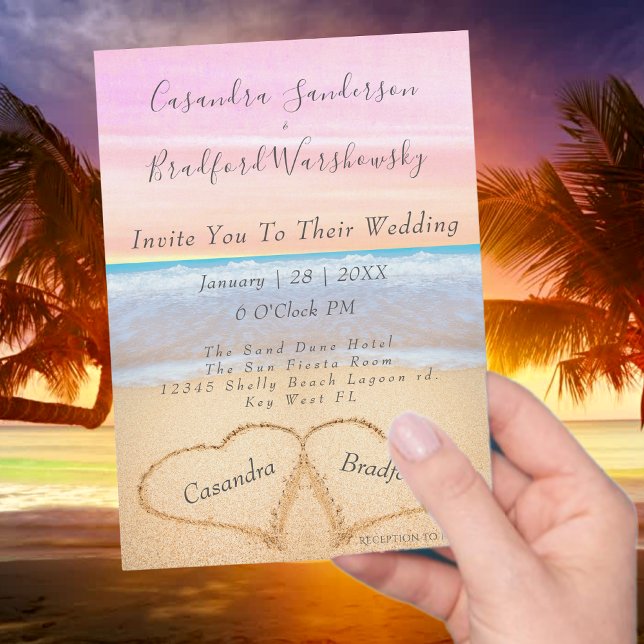 Convite Casamento de Praia Rosa com Blush Chic 2 Corações  (Criador carregado)