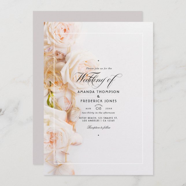 Convite Casamento de Praia RSVP de Código QR Floral Elegan (Frente/Verso)
