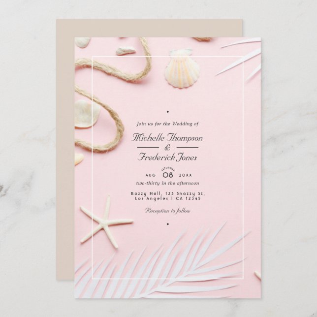 Convite Casamento de Praia RSVP de Código QR Rosa-Blush (Frente/Verso)