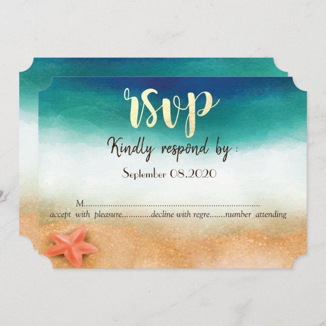 Convite Casamento de praia,RSVP de Starfish (Frente/Verso)