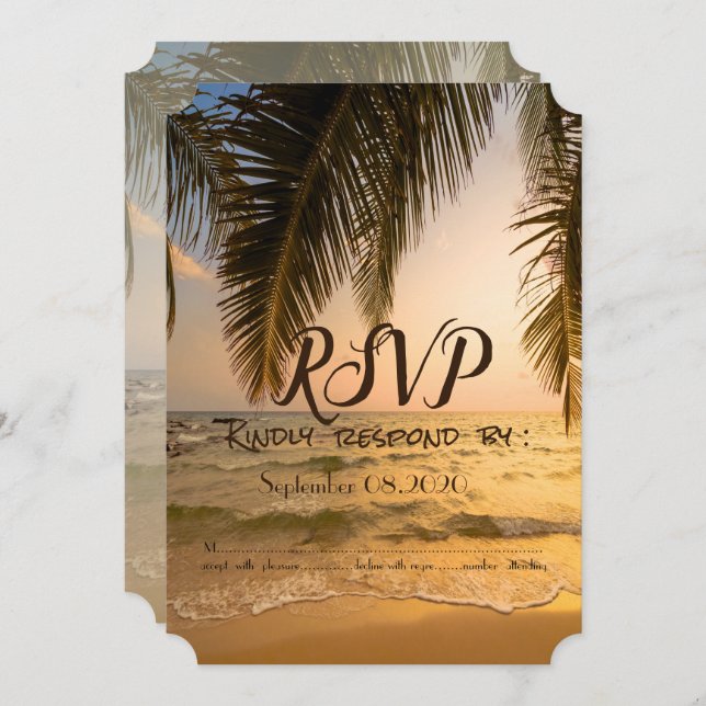 Convite Casamento de Praia,RSVP Sunset Palm (Frente/Verso)