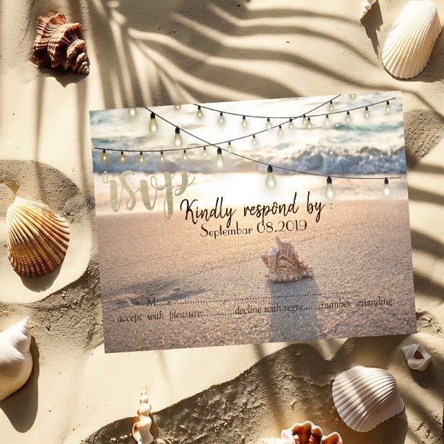 Convite Casamento de Praia,String Lights Seashell RSVP (Criador carregado)
