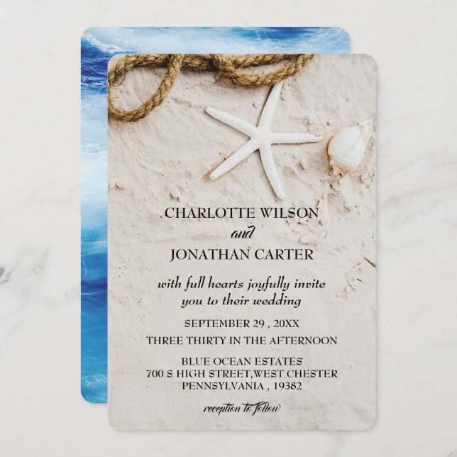 Convite Casamento de Praia Tropical Costeira Rustic Starfi (Frente/Verso)