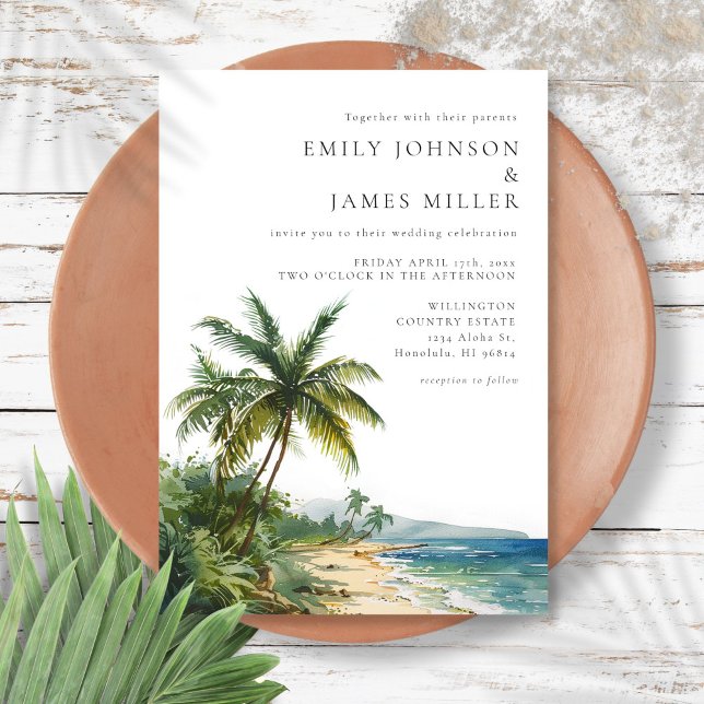 Convite Casamento de Praia Tropical em Aquarela Moderna e  (Modern Elegant Watercolor Tropical Beach Wedding Invitation)