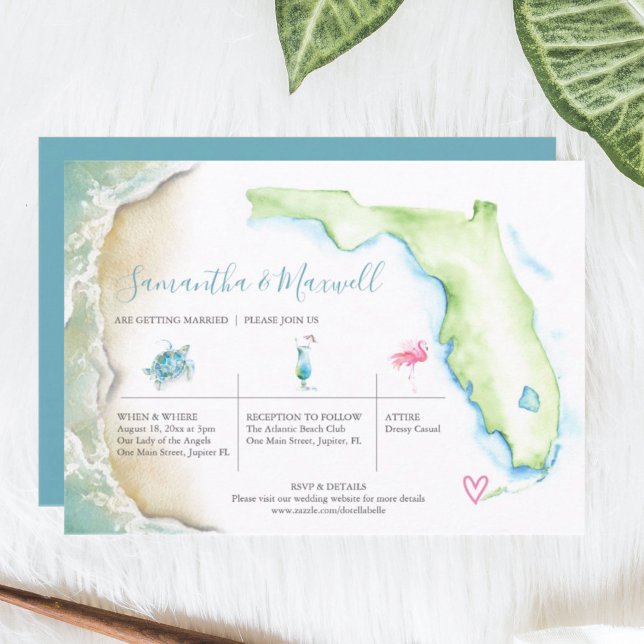Convite Casamento de Praia Tropical Ilustrado de Aquarela (Florida wedding invitations features watercolor coastal art by Victoria Grigaliunas)