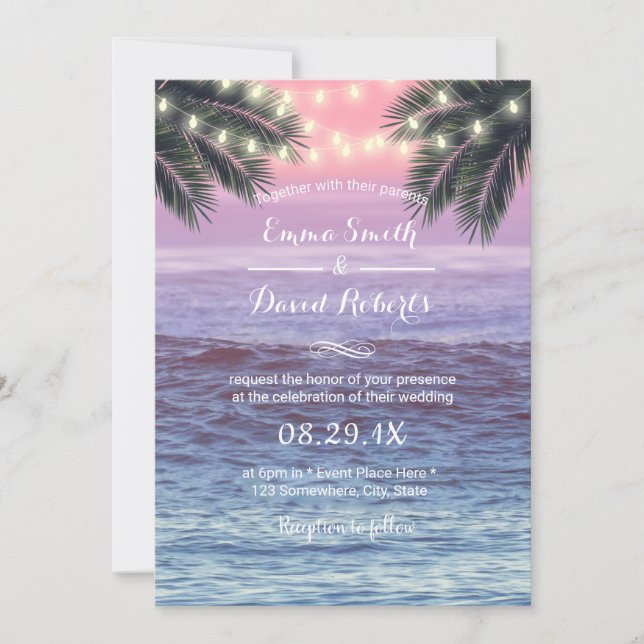 Convite Casamento de Praia Tropical Palm Tree & String Lig (Frente)