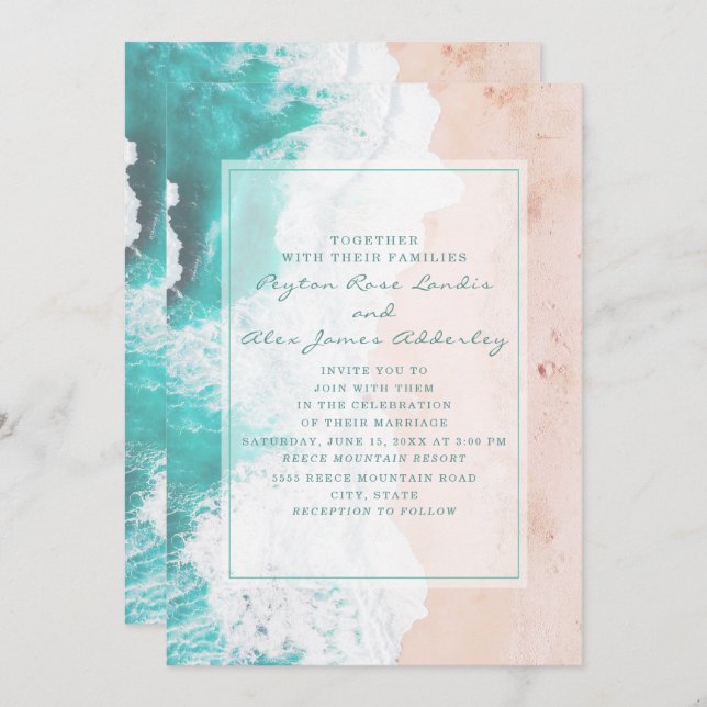Convite Casamento de Praia Tropical Teal White Ocean Beach (Frente/Verso)