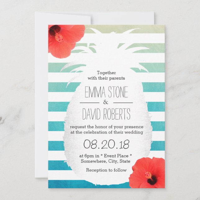 Convite Casamento de Praia Watercolor Stripes Pineapple (Frente)