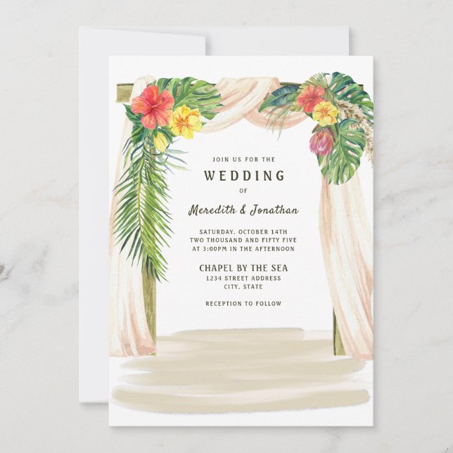 Convite Casamento de Praias Tropical Palms Floral Arbor Se (Frente)