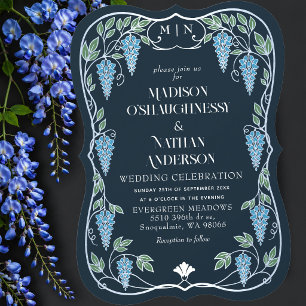 Convite Casamento de Prata Art Nouveau com Wisteria Azul