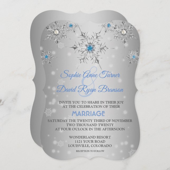 Convite Casamento de Prata Chic Snowflakes Crystal Blue Pe (Frente/Verso)