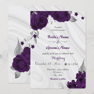 Convite casamento de prata com flores roxas reais