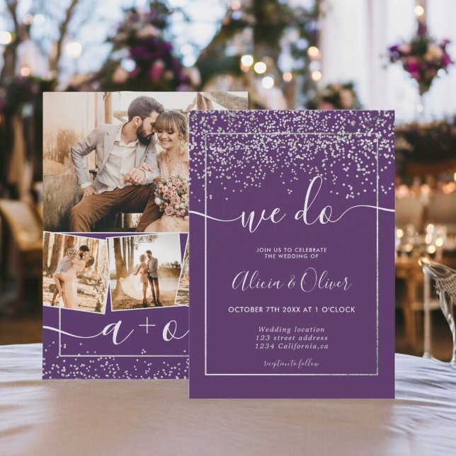 Convite Casamento de prata de folha de alumínio roxo (Silver foil plum purple photo initials wedding invitation)