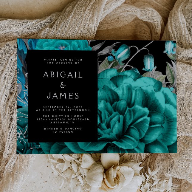 Convite Casamento de Prata Floral de Teal Floral Escuro El (The perfect choice for a romantic turquoise and silver themed wedding.)