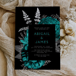 Convite Casamento de Prata Floral de Teal Floral Escuro El