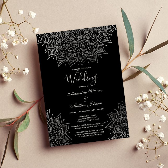 Convite Casamento de prata floral preto Elegante (Elegant black chic silver floral mandala Wedding)