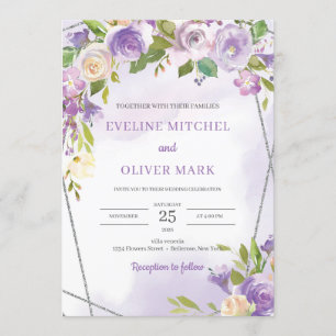 Convite Casamento de prata floral roxo de água