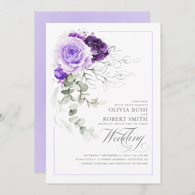 Convite Casamento de Prata Floral Roxo Elegante Greenery B (Frente/Verso)