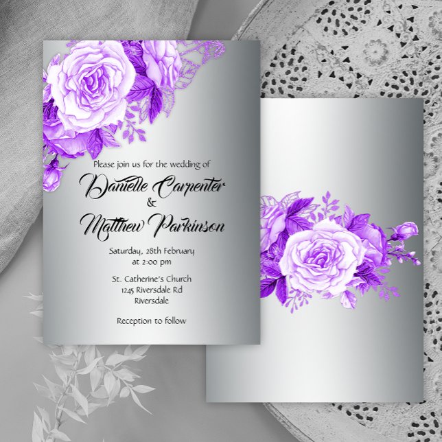 Convite Casamento de prata roxo Rosa Romance (Criador carregado)