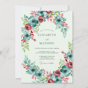 Convite Casamento de Primavera Abundante em Verde Azul