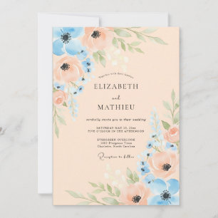 Convite Casamento de Primavera Azul Céu e Pêssego Imaculad