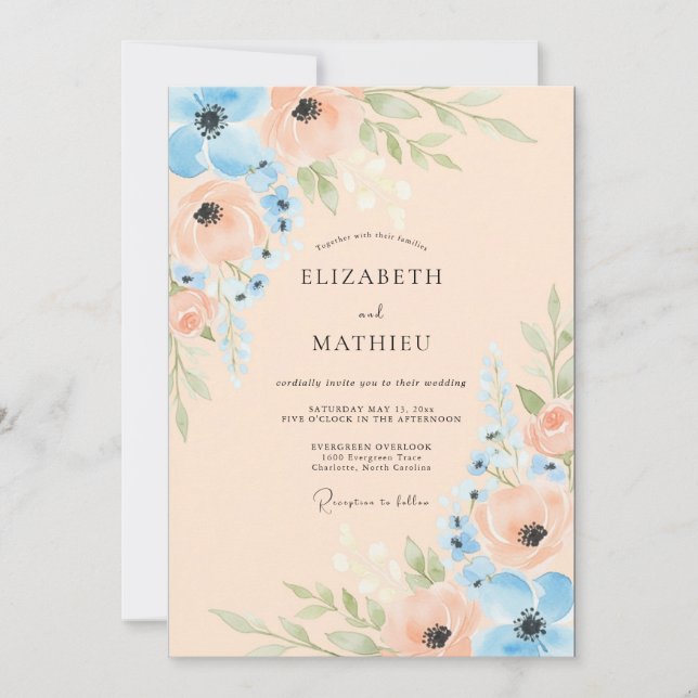 Convite Casamento de Primavera Azul Céu e Pêssego Imaculad (Frente)