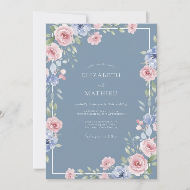 Convite Casamento de Primavera Azul Desbotado Delicado (Frente)
