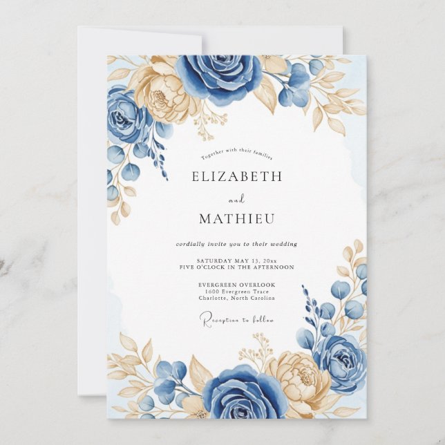 Convite Casamento de Primavera Azul Empoeirado Refinado (Frente)