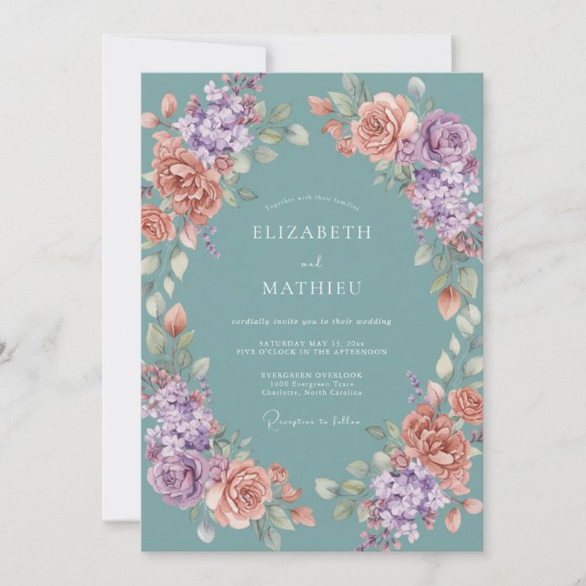 Convite Casamento de Primavera Azul Esmeralda (Frente)