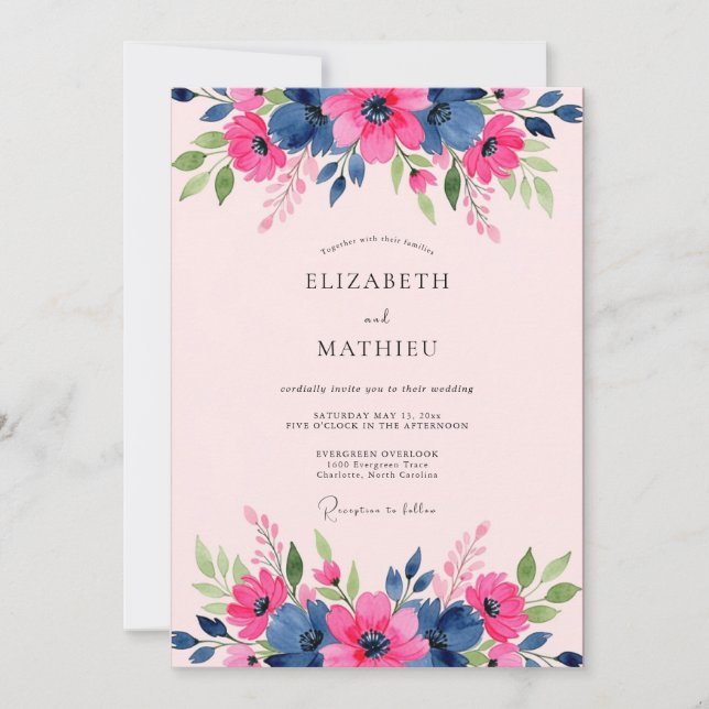 Convite Casamento de Primavera Azul Naval Elegante (Frente)