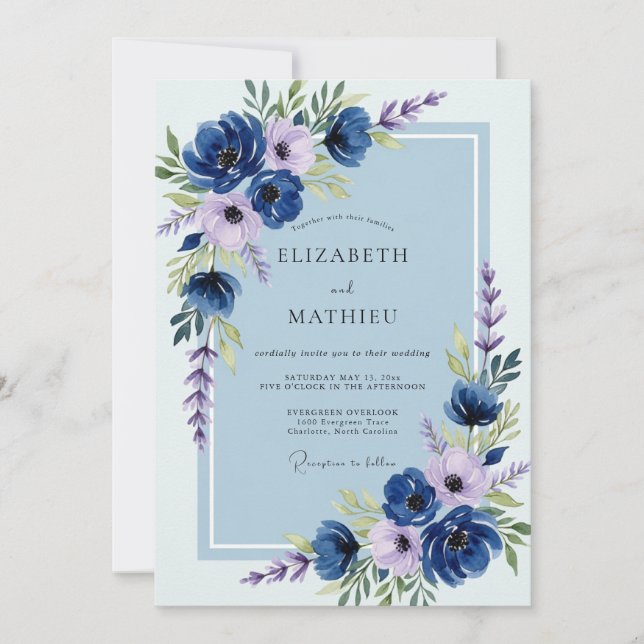 Convite Casamento de Primavera Azul-Naval Luxuriante (Frente)