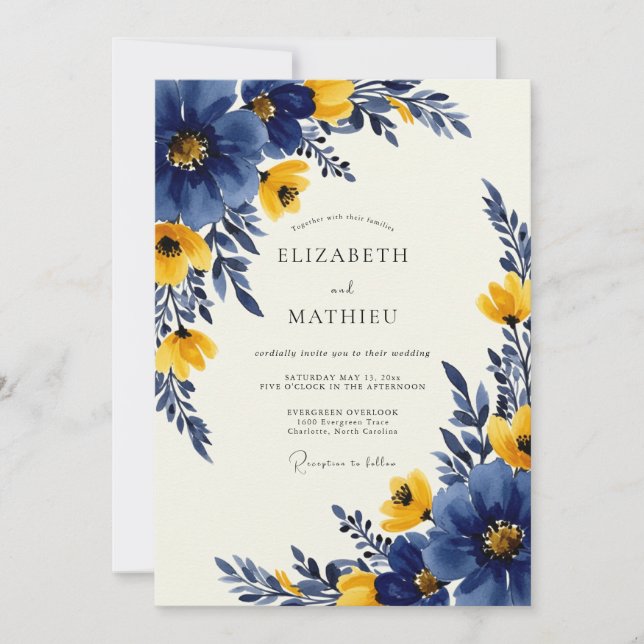 Convite Casamento de Primavera Azul Naval Ousado (Frente)