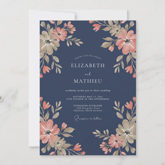 Convite Casamento de Primavera Azul Naval Sedutor (Frente)