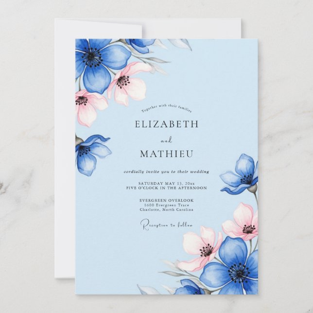 Convite Casamento de Primavera Azul-Pó Fantasioso (Frente)