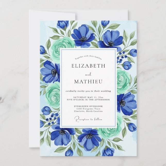 Convite Casamento de Primavera Azul Real Pintado (Frente)