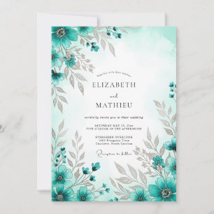Convite Casamento de Primavera Azul Turquesa Exquisito