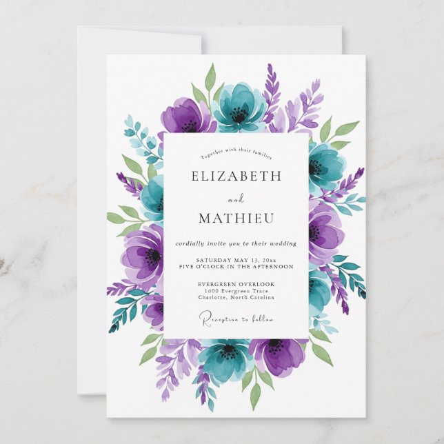 Convite Casamento de Primavera Azul-Verde Deslumbrante (Frente)