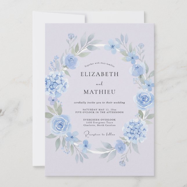 Convite Casamento de Primavera Azul Violeta Refinado (Frente)