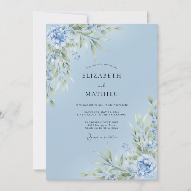 Convite Casamento de Primavera Bebê Azul Delicado (Frente)