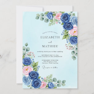 Convite Casamento de Primavera Botânico Sublime Azul Naval