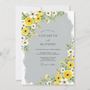 Convite Casamento de Primavera Cinza Amarelo Refinado
