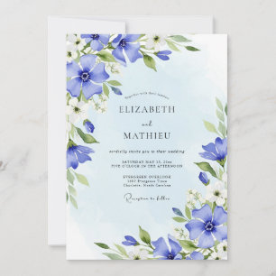 Convite Casamento de Primavera com Aquarela Azul Centáurea