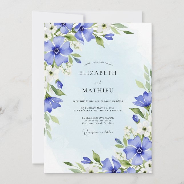 Convite Casamento de Primavera com Aquarela Azul Centáurea (Frente)